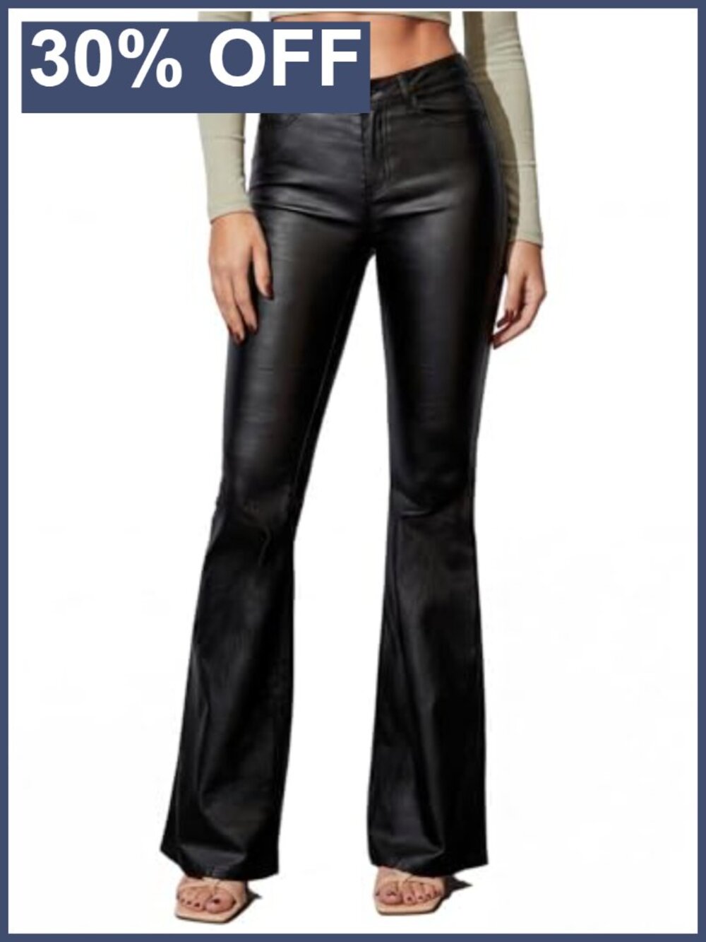 Faux Leather Flare Pants Mid Waist Skinny Leggings with Pockets